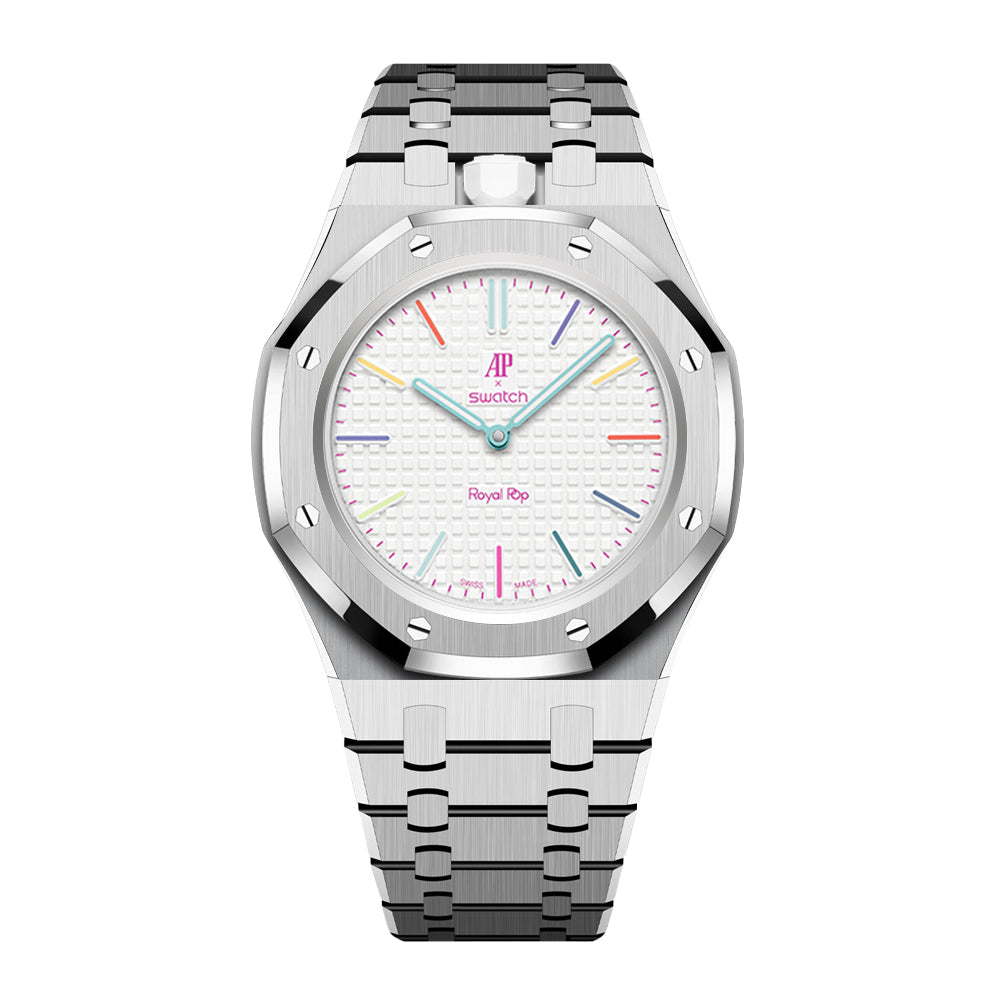 Full Frame Cover Stainless Steel Bracelet Case For AP X Swatch Royal Pop Huit Blanc