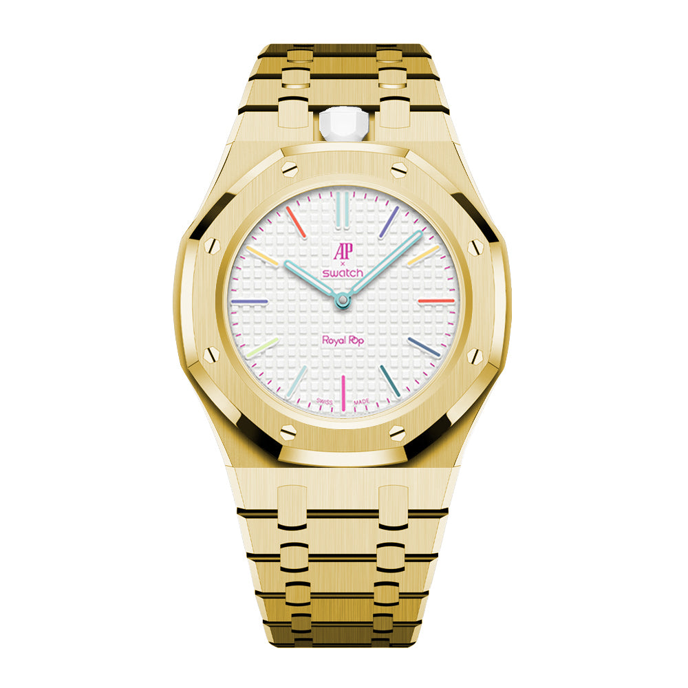 Full Frame Stainless Steel Yellow Gold Bracelet Case for AP X Swatch Royal Pop Huit Blanc