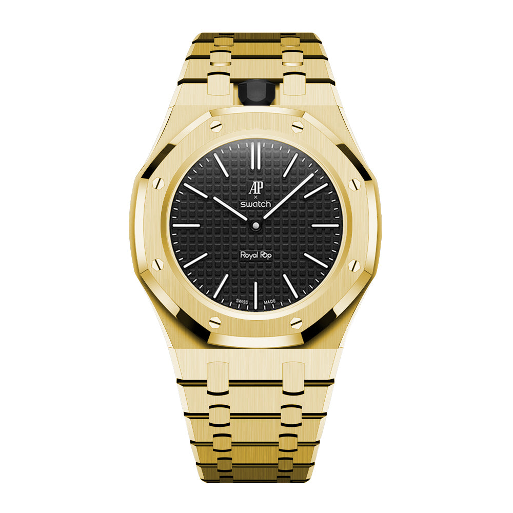 Full Frame Stainless Steel Yellow Gold Bracelet Case for AP X Swatch Royal Pop Ocho Negro