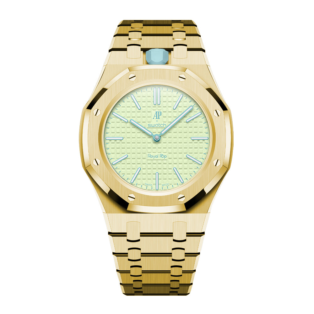 Full Frame Stainless Steel Yellow Gold Bracelet Case for AP X Swatch Royal Pop Blaue Acht