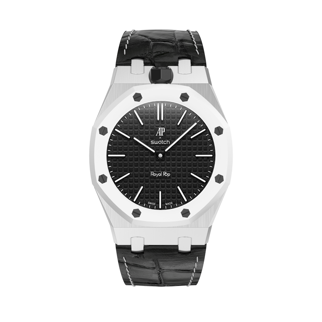 Stainless Steel Leather Strap Case For AP x Swatch Royal Pop Ocho Negro
