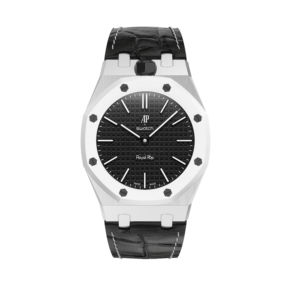Stainless Steel Leather Strap Case For AP x Swatch Royal Pop Ocho Negro
