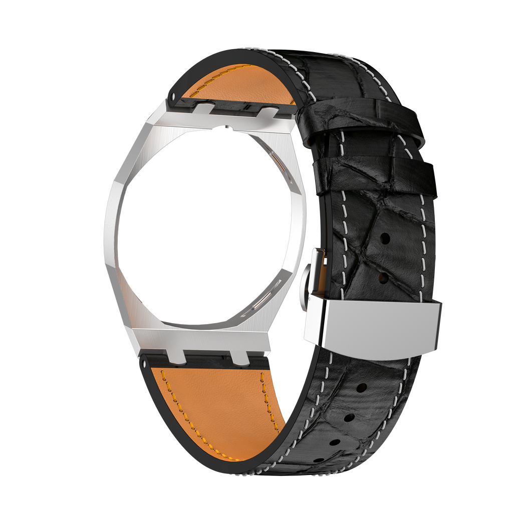 Stainless Steel Leather Strap Case For AP x Swatch Royal Pop Ocho Negro