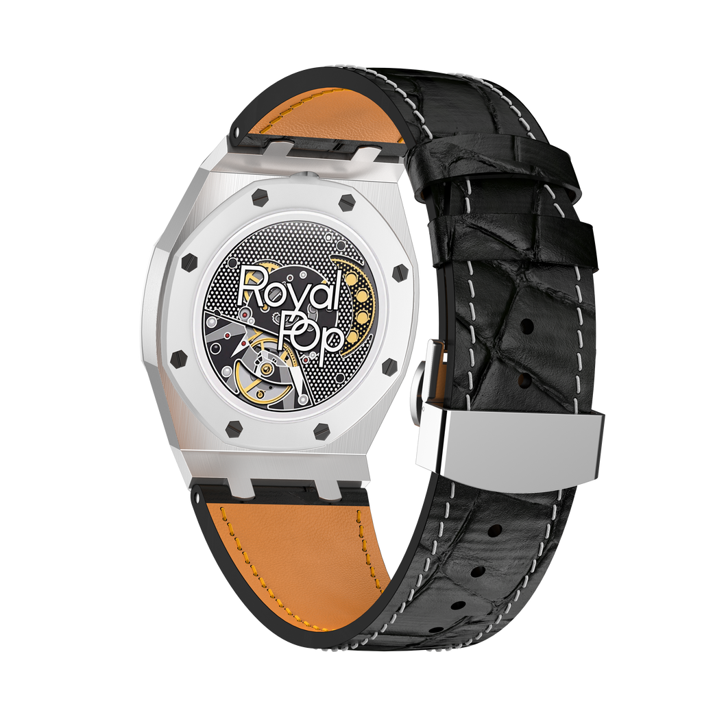 Stainless Steel Leather Strap Case For AP x Swatch Royal Pop Ocho Negro