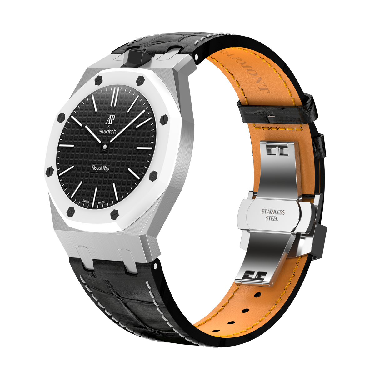 Stainless Steel Leather Strap Case For AP x Swatch Royal Pop Ocho Negro