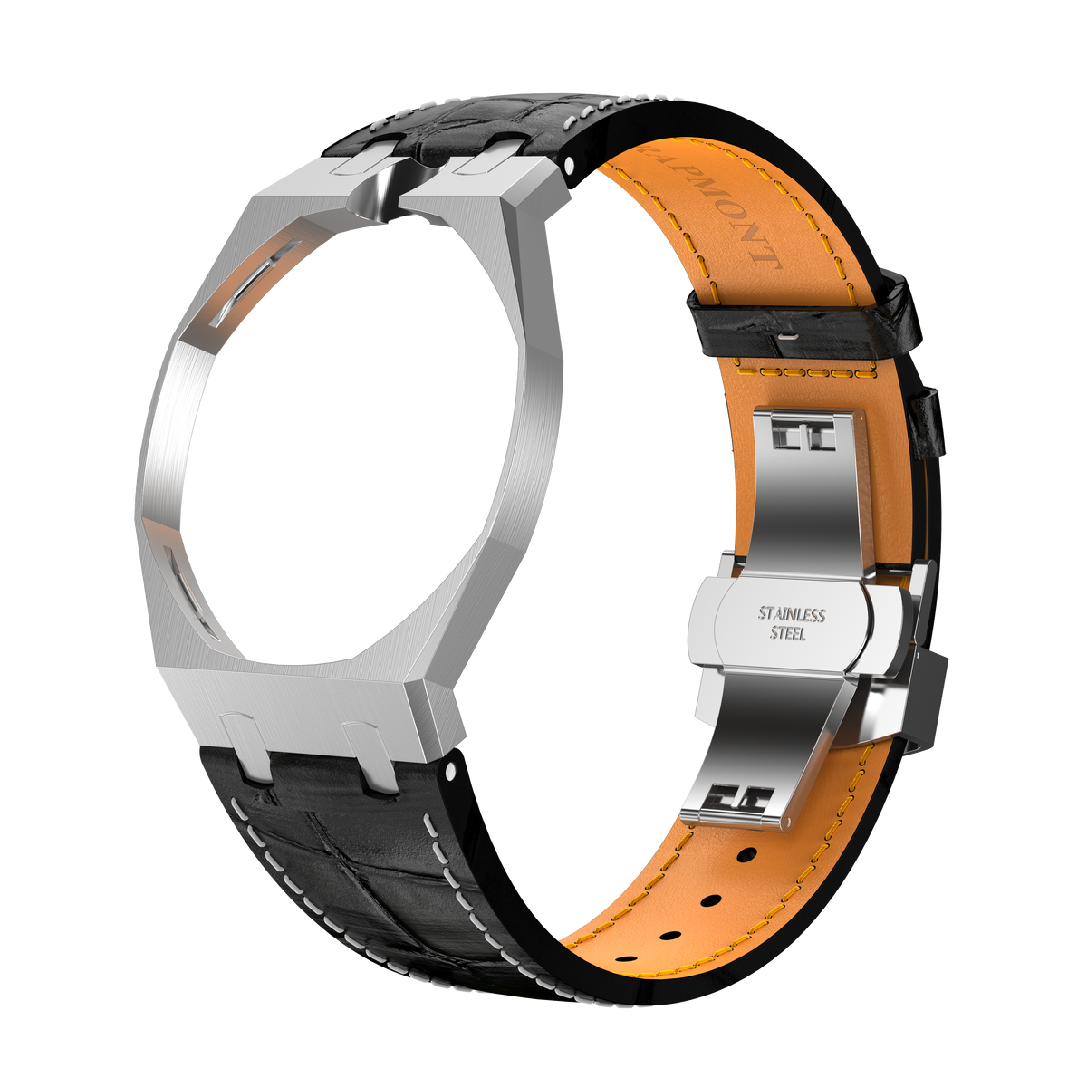 Stainless Steel Leather Strap Case For AP x Swatch Royal Pop Ocho Negro