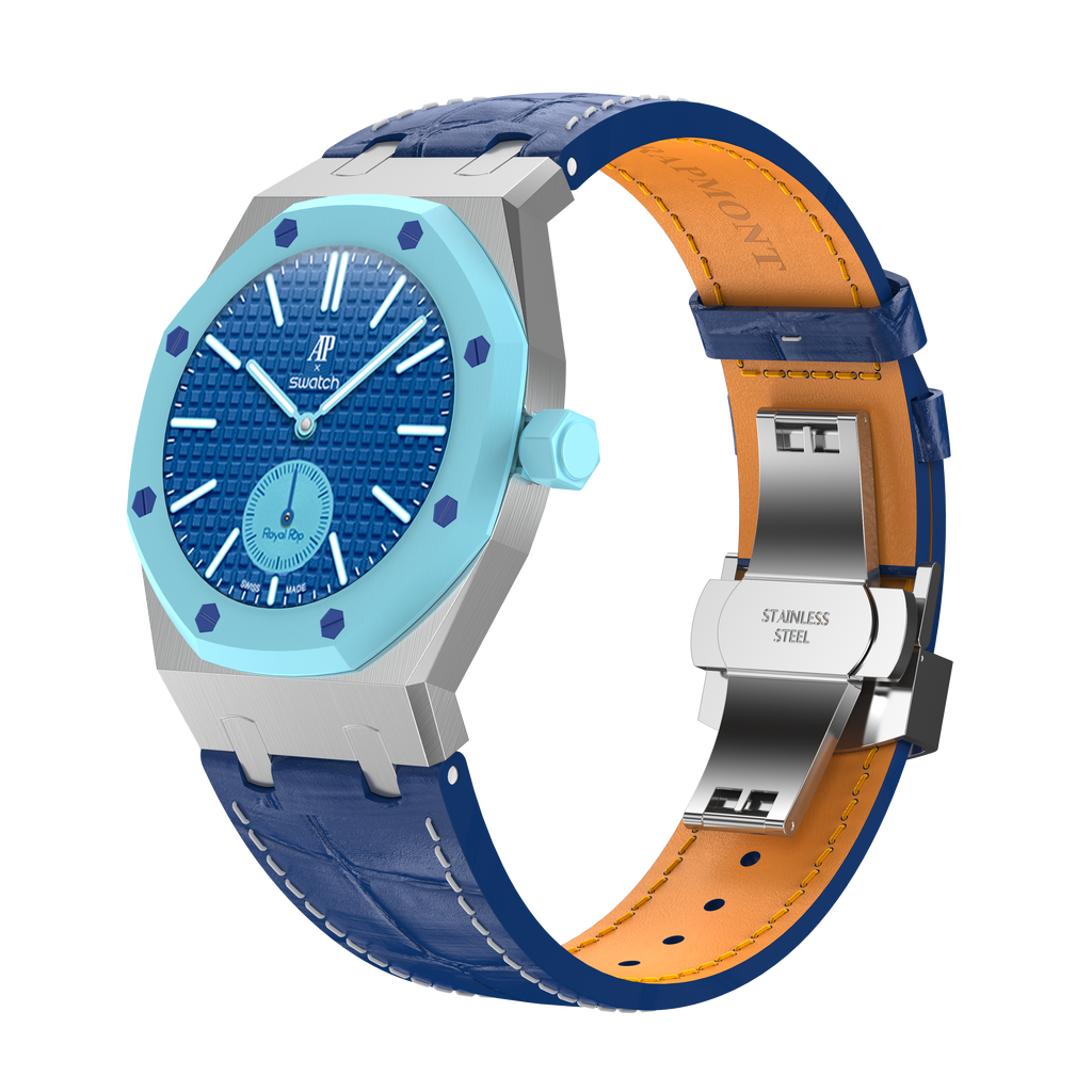 Stainless Steel Leather Strap Case For AP x Swatch Royal Pop Lan Ba