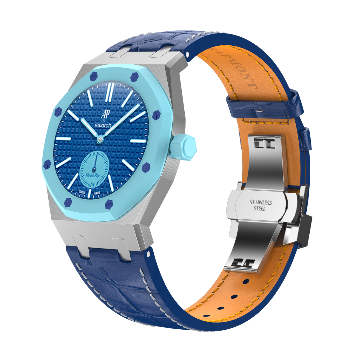 Stainless Steel Leather Strap Case For AP x Swatch Royal Pop Lan Ba