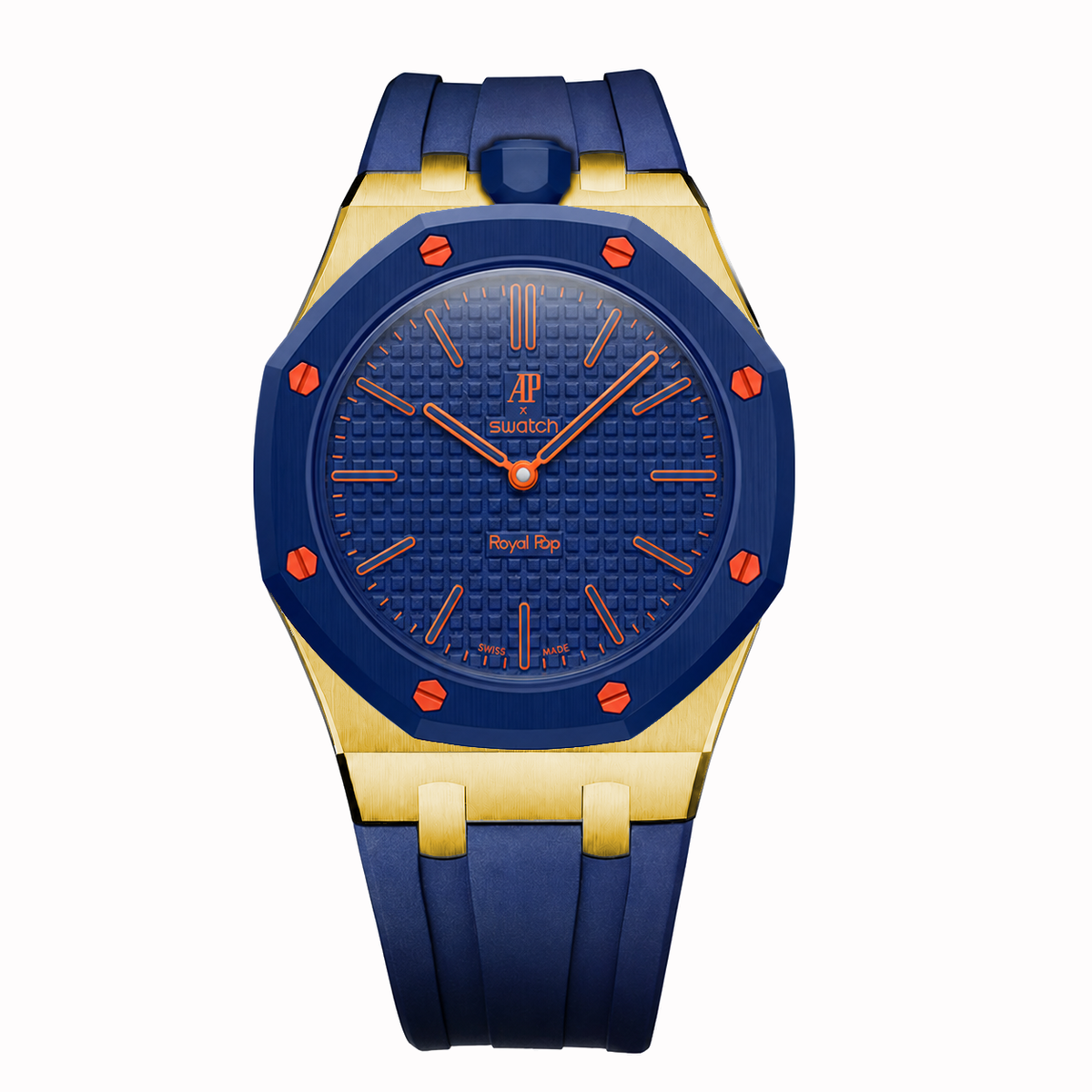 Stainless Steel Yellow Gold Rubber Strap Case For AP x Swatch Royal Pop Orenij Hachi