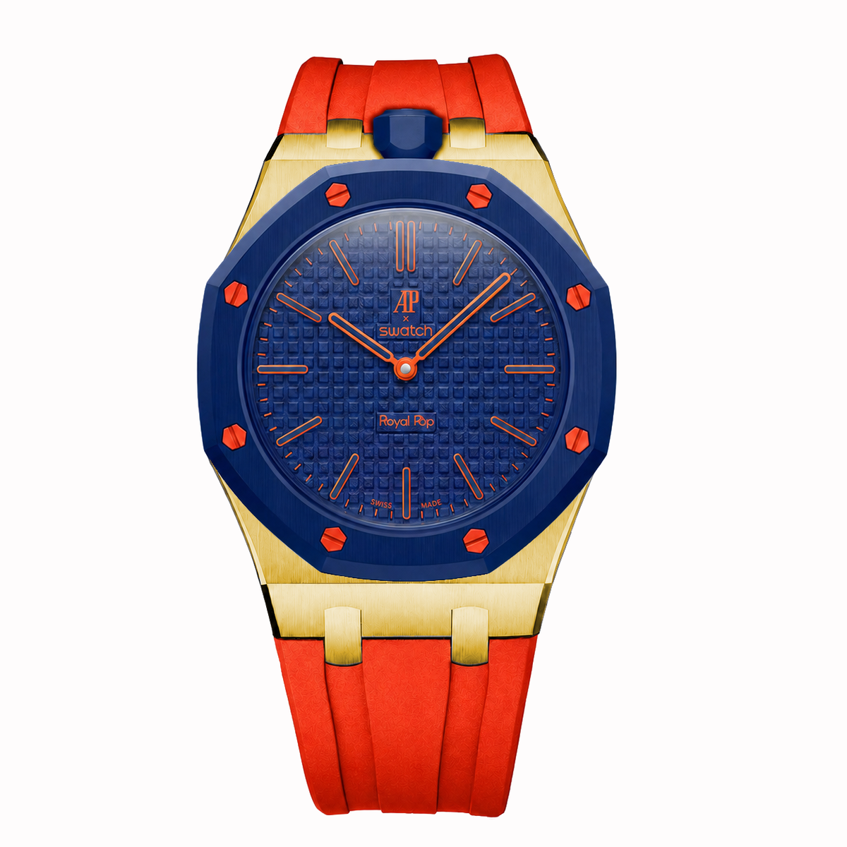 Stainless Steel Yellow Gold Rubber Strap Case For AP x Swatch Royal Pop Orenij Hachi