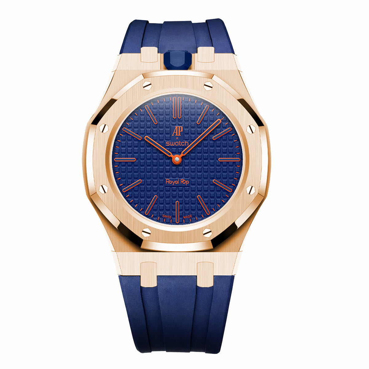 Full Frame Stainless Steel Rosé Gold Plain Rubber Strap Case for AP X Swatch Royal Pop Orenij Hachi