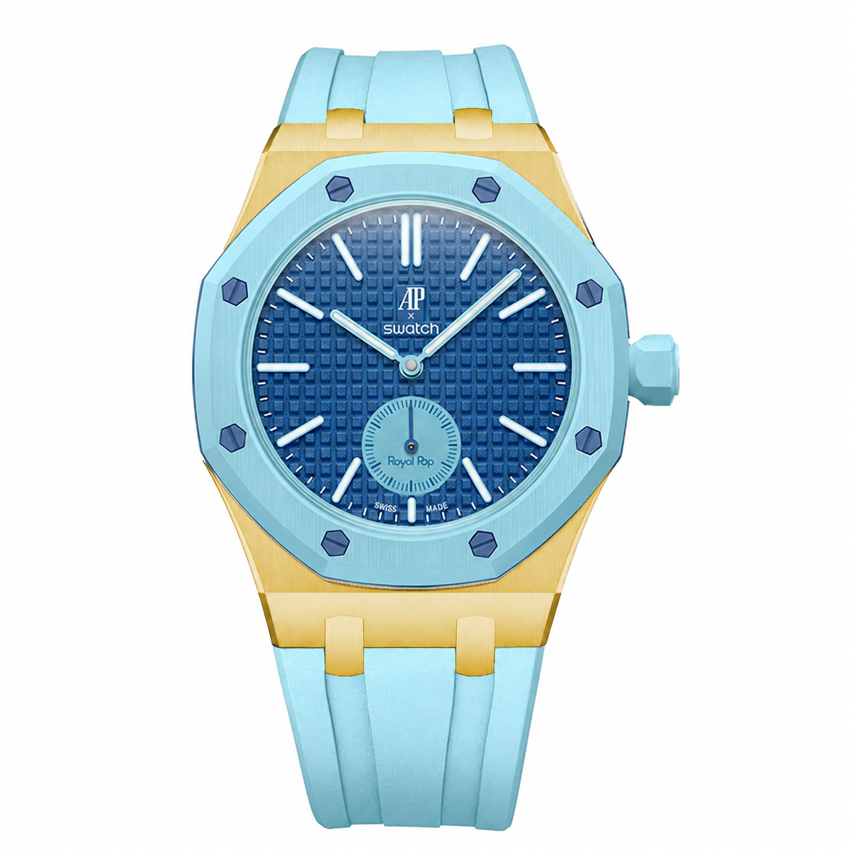 Stainless Steel Yellow Gold Rubber Strap Case For AP x Swatch Royal Pop Lan Ba