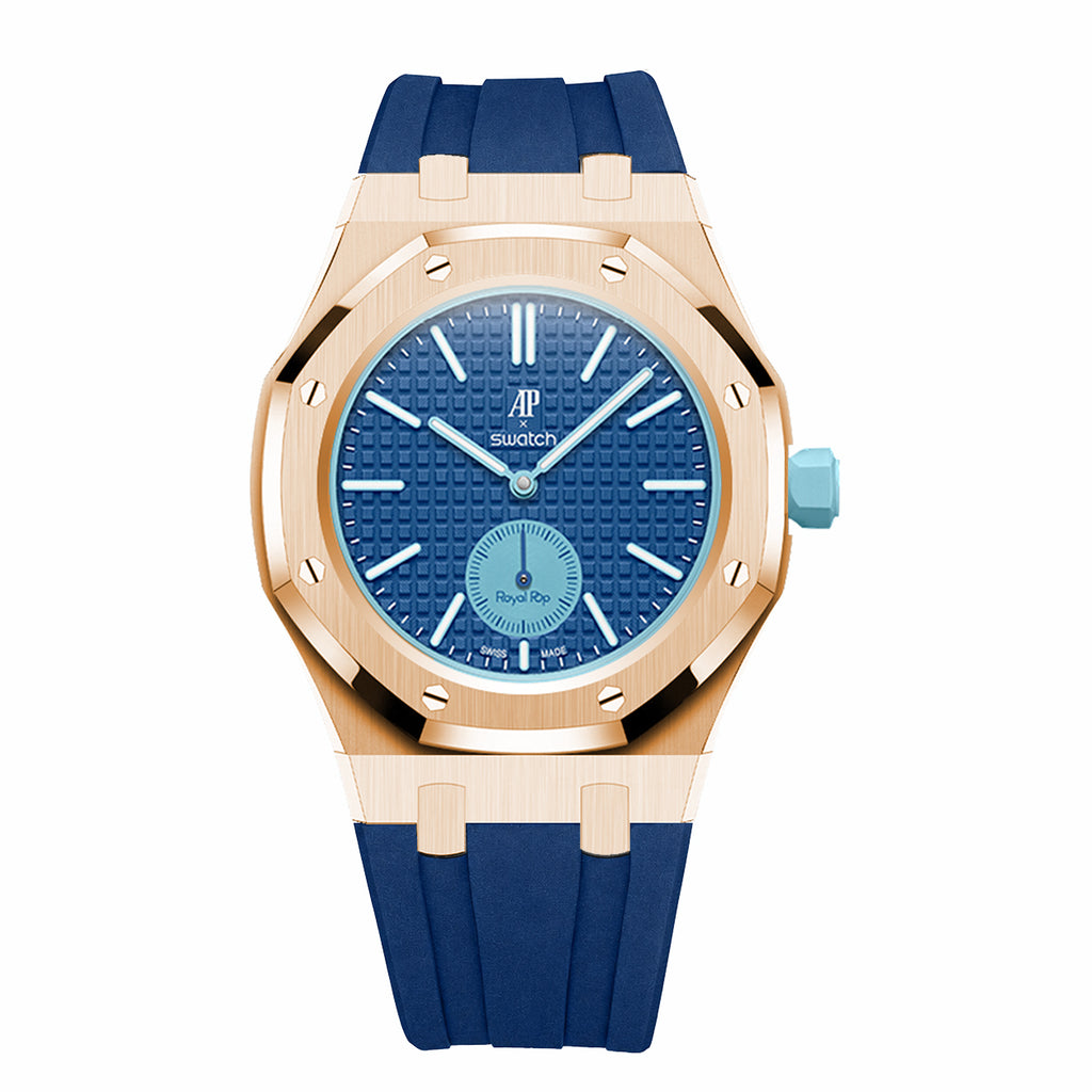 Full Frame Stainless Steel Rosé Gold Plain Rubber Strap Case for AP X Swatch Royal Pop Lan Ba