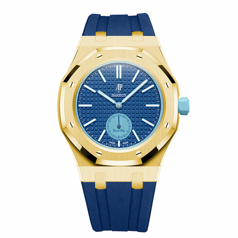 Full Frame Stainless Steel Yellow Gold Rubber Strap Case for AP X Swatch Royal Pop Lan Ba