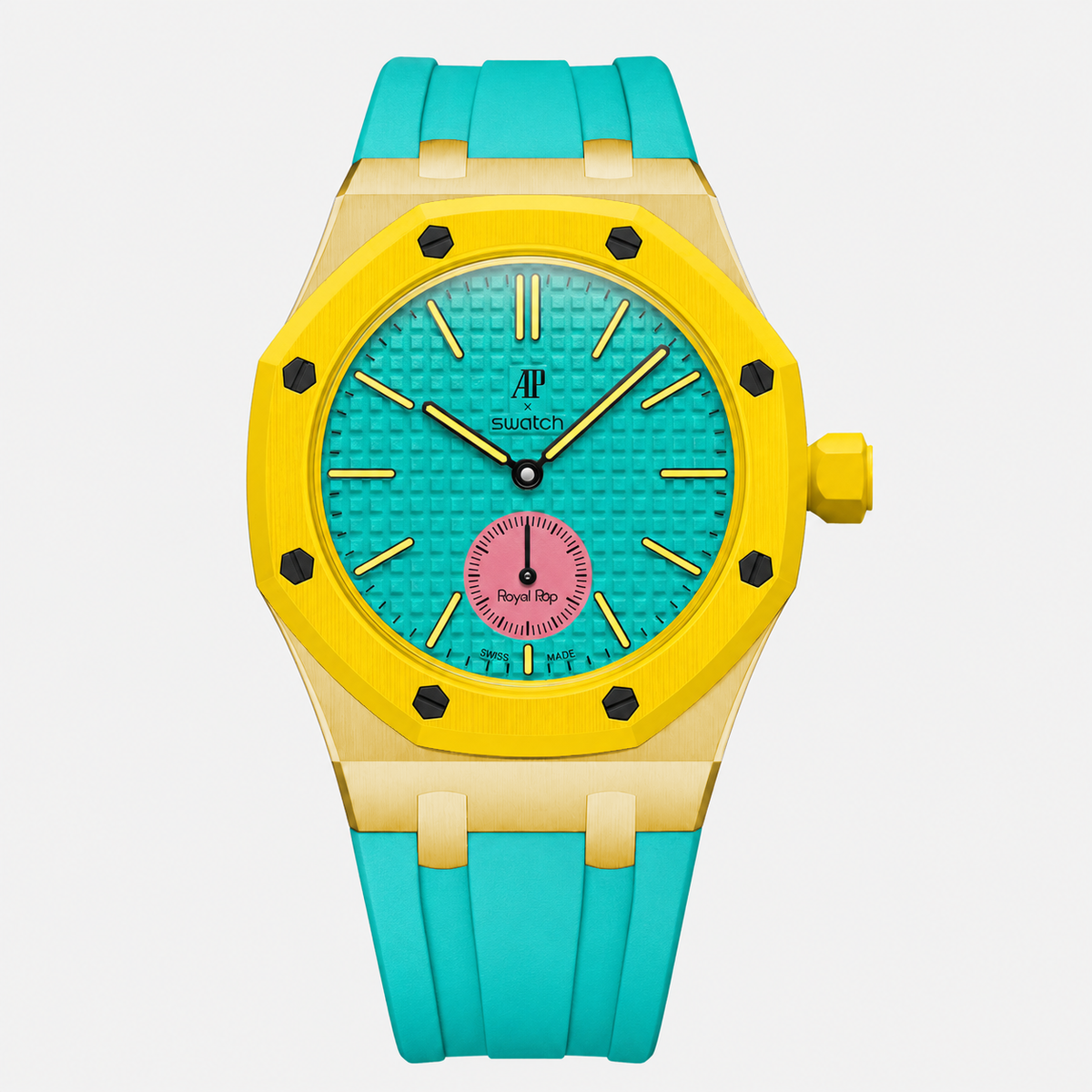 Stainless Steel Yellow Gold Rubber Strap Case For AP x Swatch Royal Pop OTG Roz