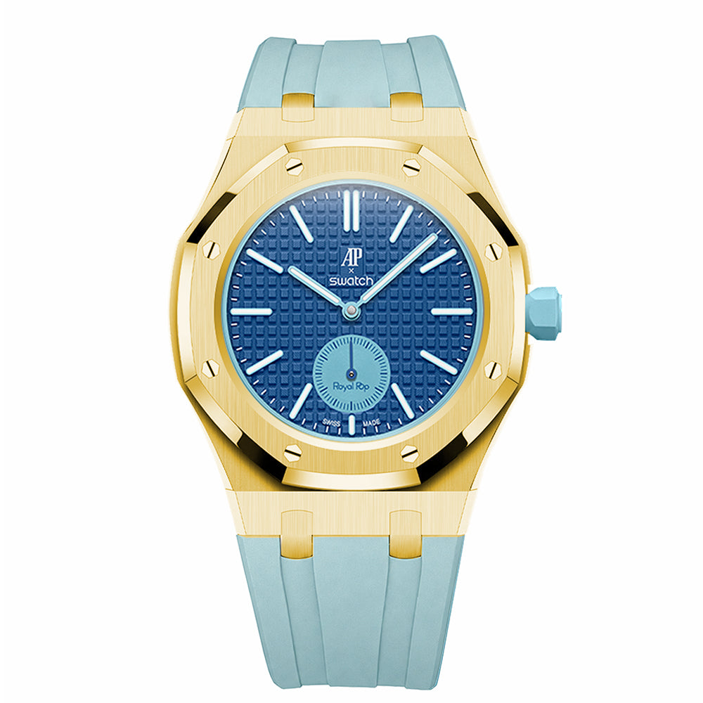 Full Frame Stainless Steel Yellow Gold Rubber Strap Case for AP X Swatch Royal Pop Lan Ba