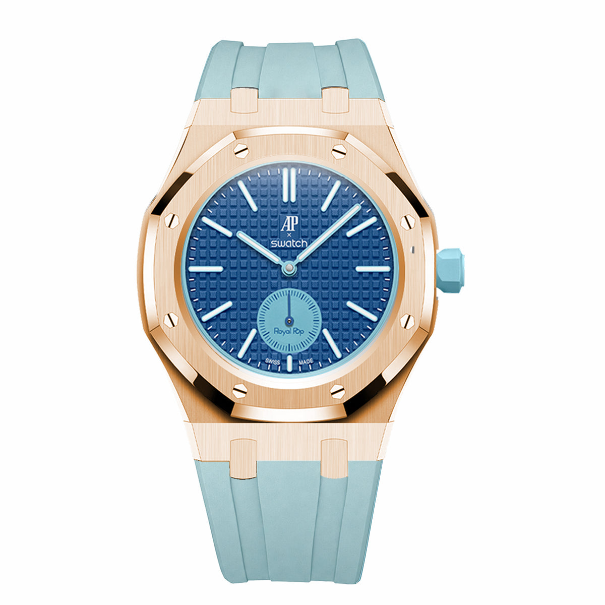 Full Frame Stainless Steel Rosé Gold Plain Rubber Strap Case for AP X Swatch Royal Pop Lan Ba