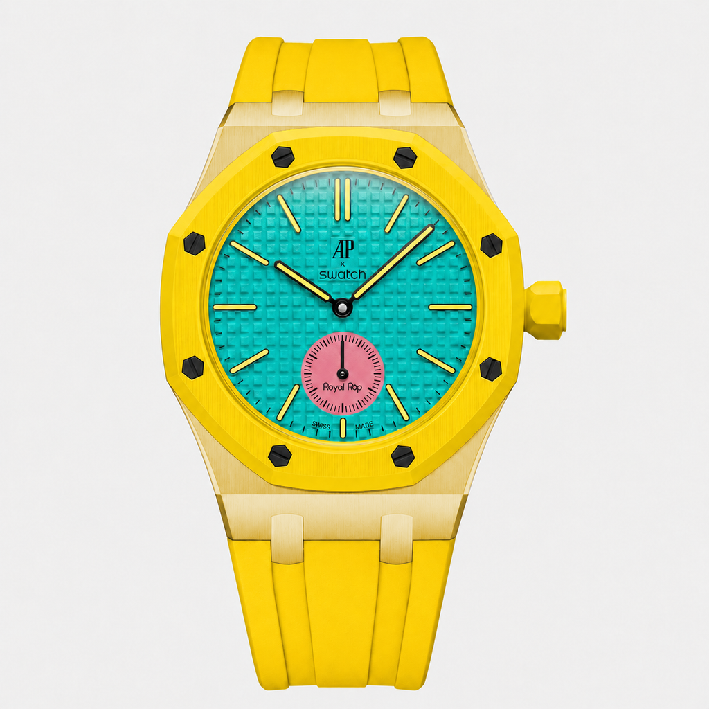 Stainless Steel Yellow Gold Rubber Strap Case For AP x Swatch Royal Pop OTG Roz