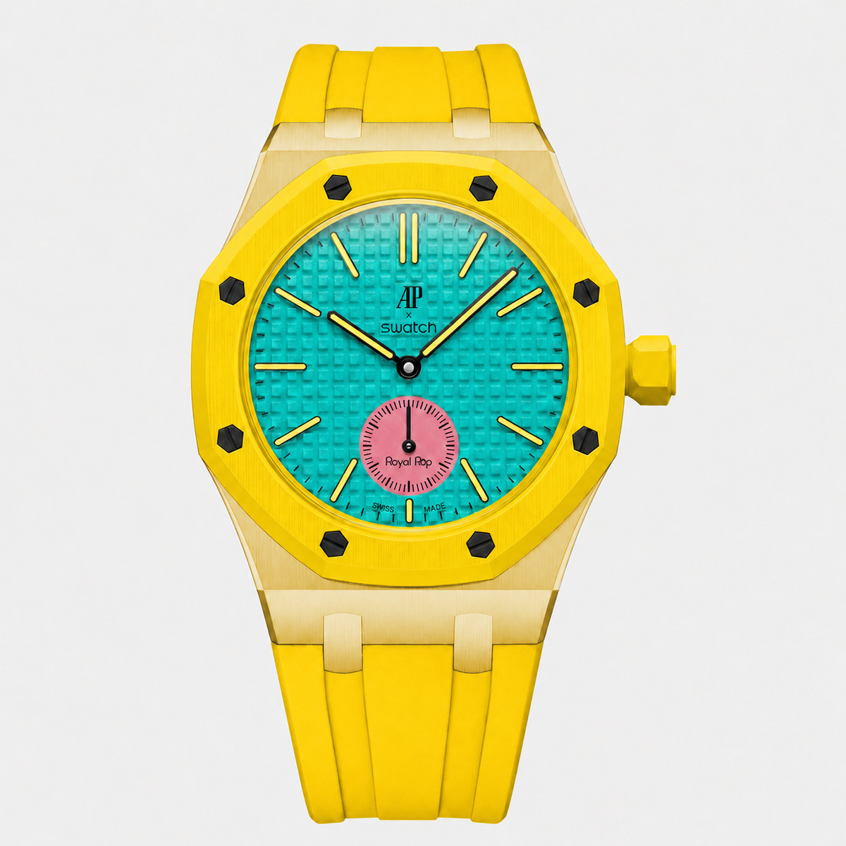 Stainless Steel Yellow Gold Rubber Strap Case For AP x Swatch Royal Pop OTG Roz