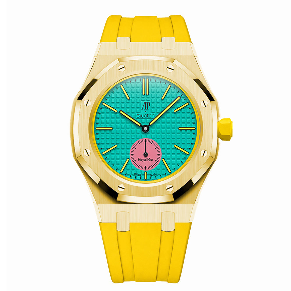 Full Frame Stainless Steel Yellow Gold Rubber Strap Case for AP X Swatch Royal Pop OTG Roz