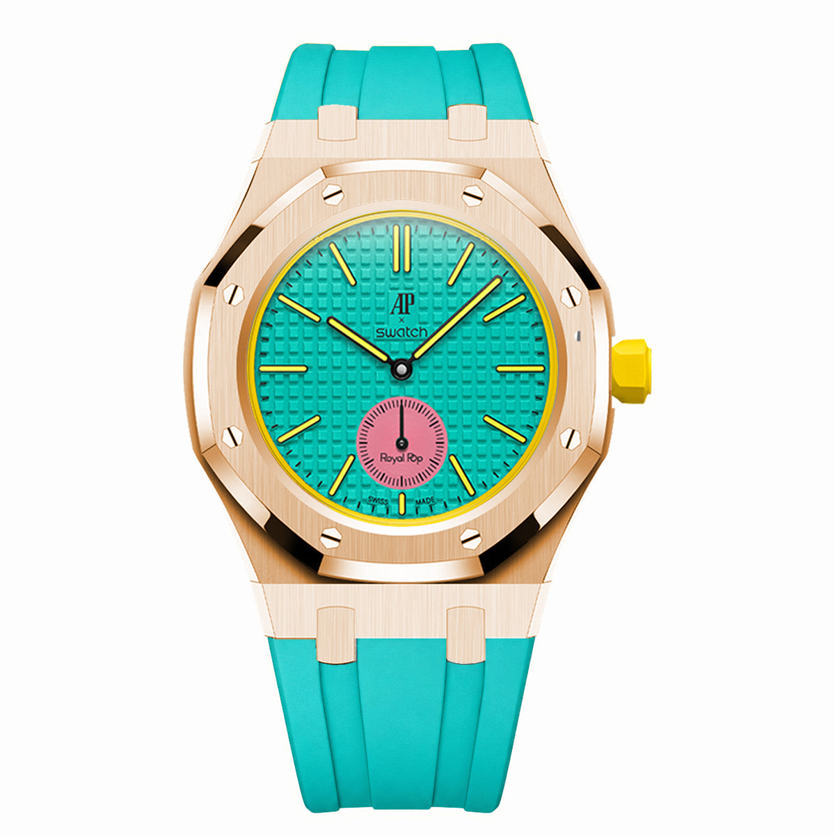 Full Frame Stainless Steel Rosé Gold Plain Rubber Strap Case for AP X Swatch Royal Pop OTG Roz