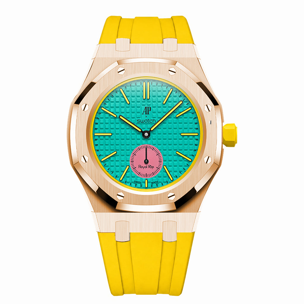 Full Frame Stainless Steel Rosé Gold Plain Rubber Strap Case for AP X Swatch Royal Pop OTG Roz