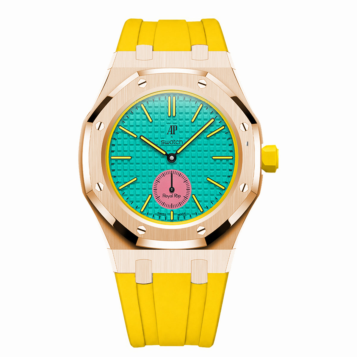 Full Frame Stainless Steel Rosé Gold Plain Rubber Strap Case for AP X Swatch Royal Pop OTG Roz