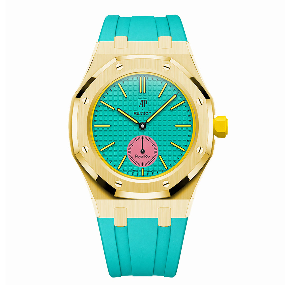 Full Frame Stainless Steel Yellow Gold Rubber Strap Case for AP X Swatch Royal Pop OTG Roz