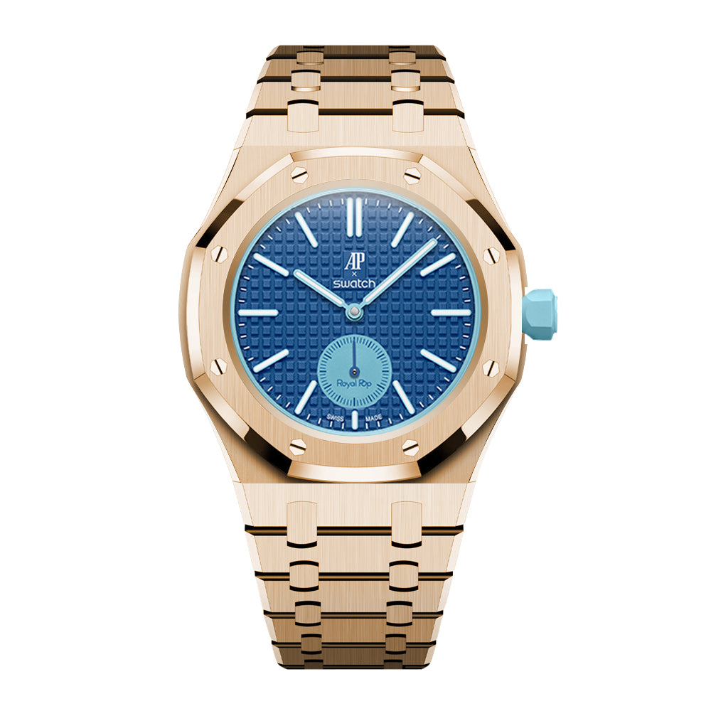 Full-Frame-Gehäuse Edelstahl Roségold mit Gliederarmband für AP x Swatch Royal Pop Lan Ba