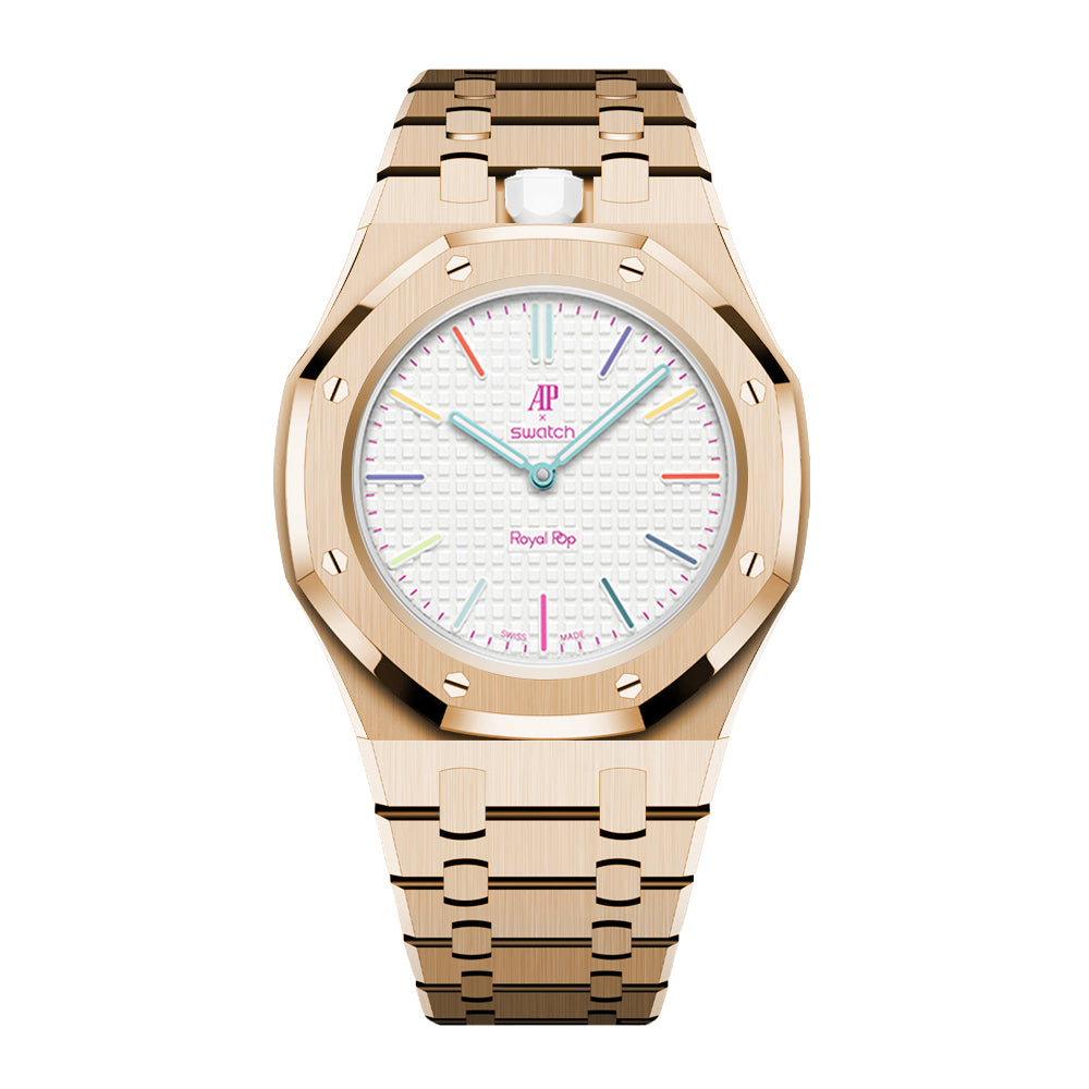 Full Frame Cover Stainless Steel Rosé Gold Bracelet Case for AP X Swatch Royal Pop Huit Blanc