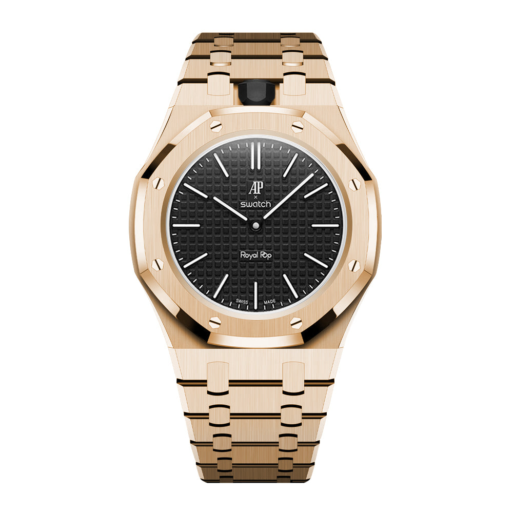 Full-Frame-Gehäuse Edelstahl Roségold mit Gliederarmband für AP x Swatch Royal Pop Ocho Negro