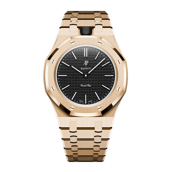 Full Frame Cover Stainless Steel Rosé Gold Bracelet Case for AP X Swatch Royal Pop Ocho Negro