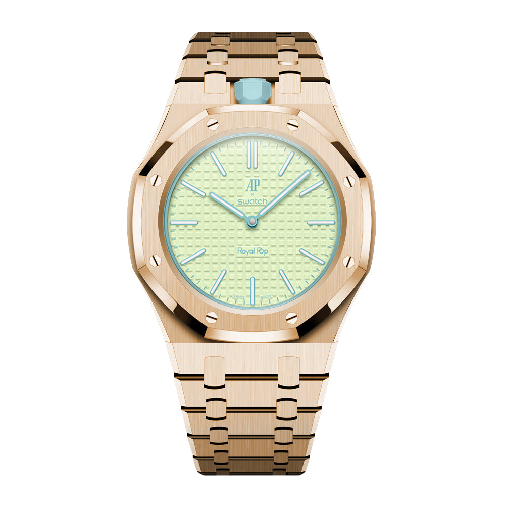 Full-Frame-Gehäuse Edelstahl Roségold mit Gliederarmband für AP x Swatch Royal Pop Blaue Acht
