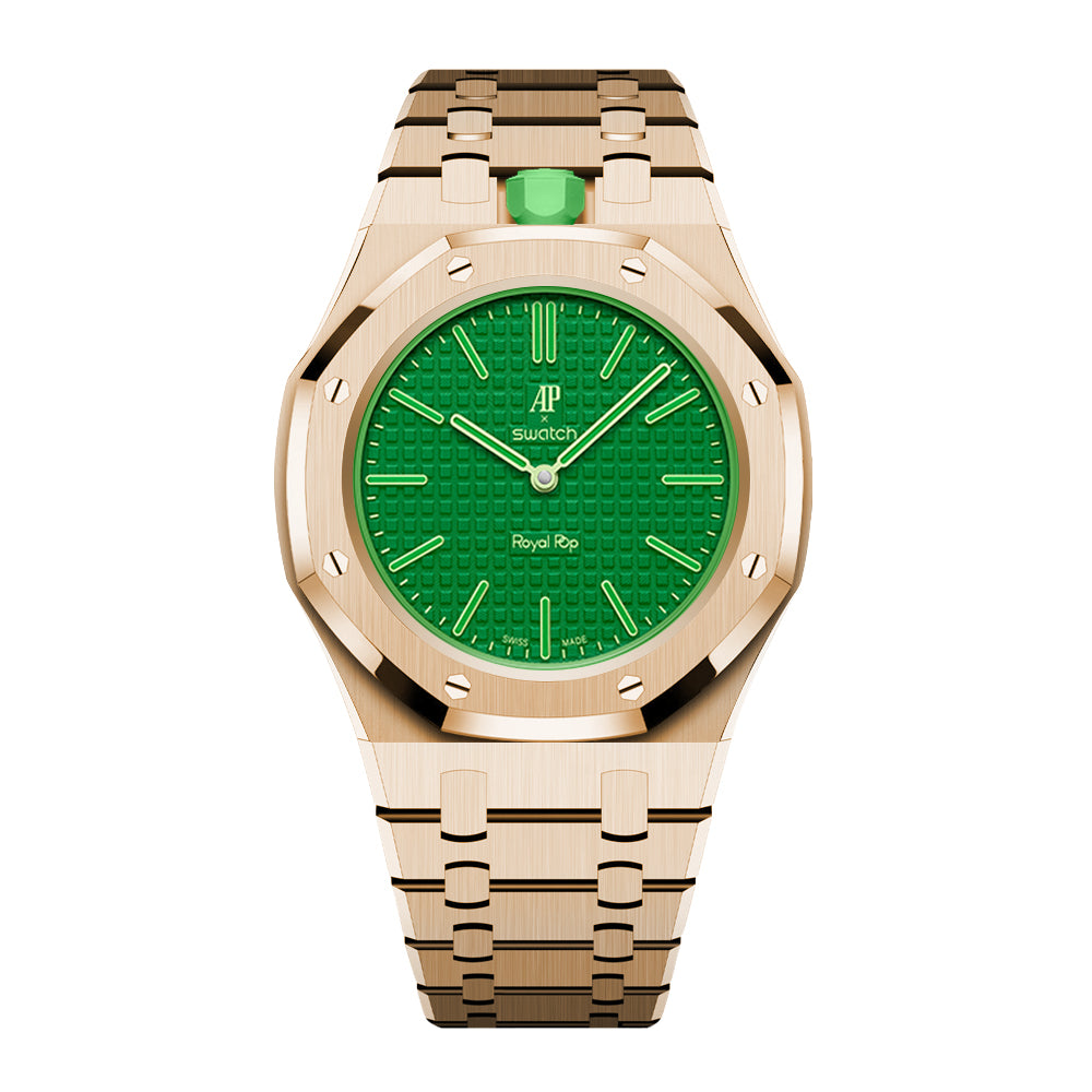 Full-Frame-Gehäuse Edelstahl Roségold mit Gliederarmband für AP x Swatch Royal Pop Green Eight