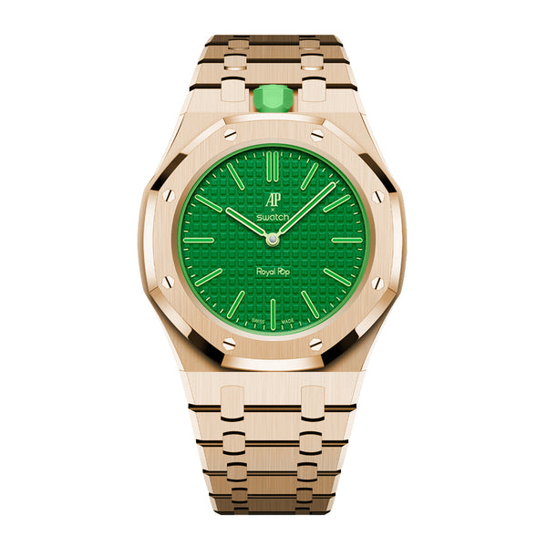 Full Frame Stainless Steel Rosé Gold Bracelet Case for AP X Swatch Royal Pop Green Eight