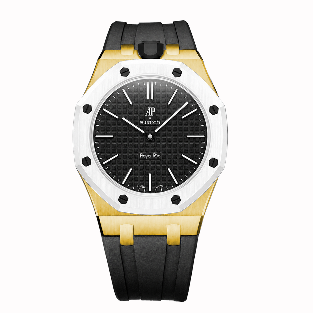 Stainless Steel Yellow Gold Rubber Strap Case For AP x Swatch Royal Pop Ocho Negro