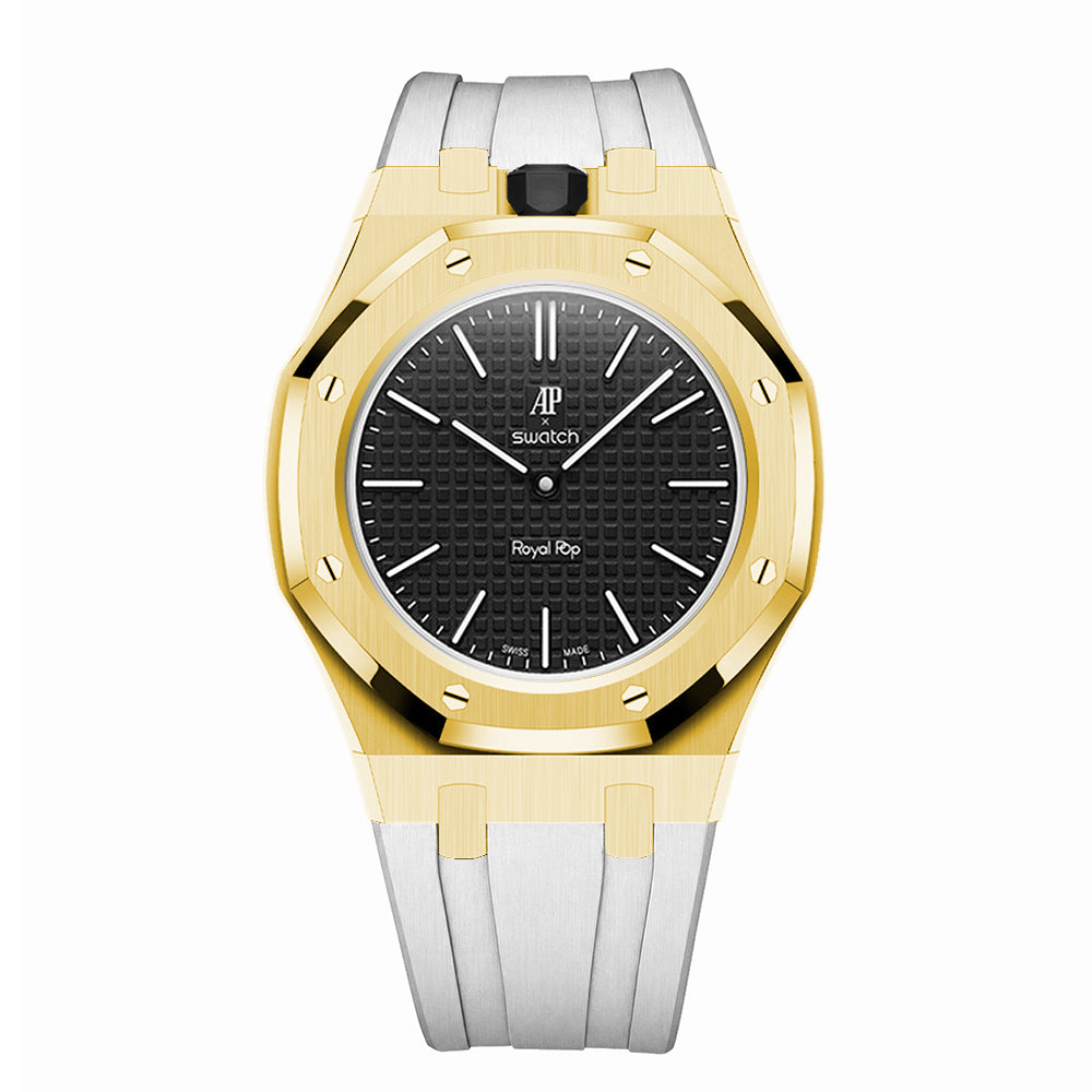 Full Frame Stainless Steel Yellow Gold Rubber Strap Case for AP X Swatch Royal Pop Ocho Negro