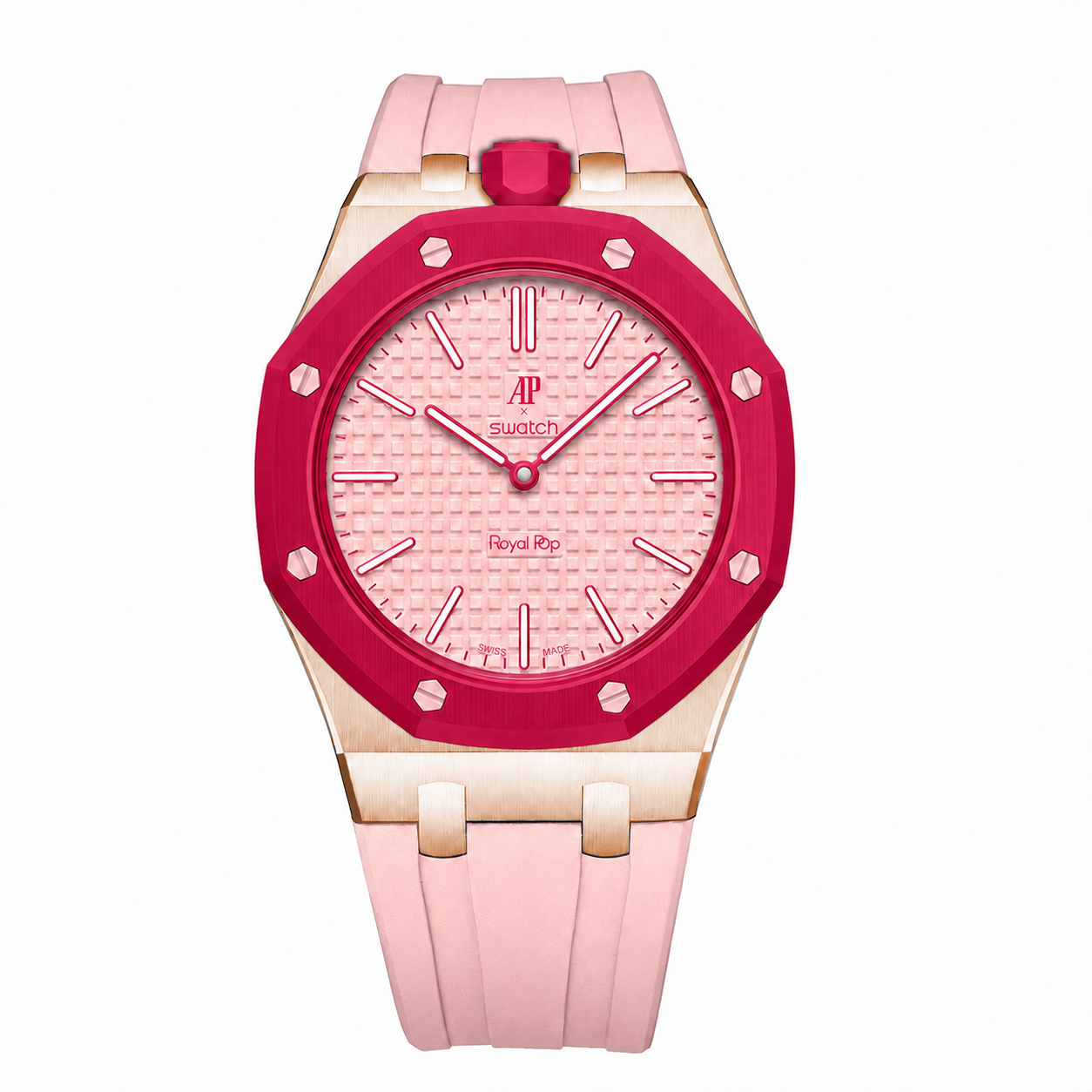 Stainless Steel Rosé Gold Rubber Strap Case For AP x Swatch Royal Pop Làn Ba