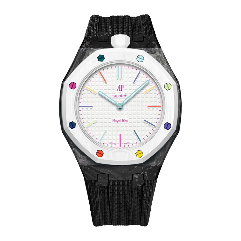 Carbon Fiber Rubber Strap Case for AP X Swatch Royal Pop Huit Blanc