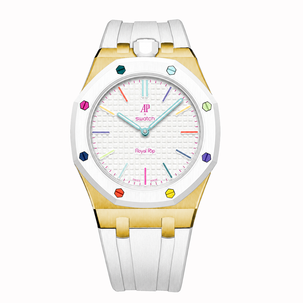 Stainless Steel Yellow Gold Rubber Strap Case For AP x Swatch Royal Pop Huit Blanc