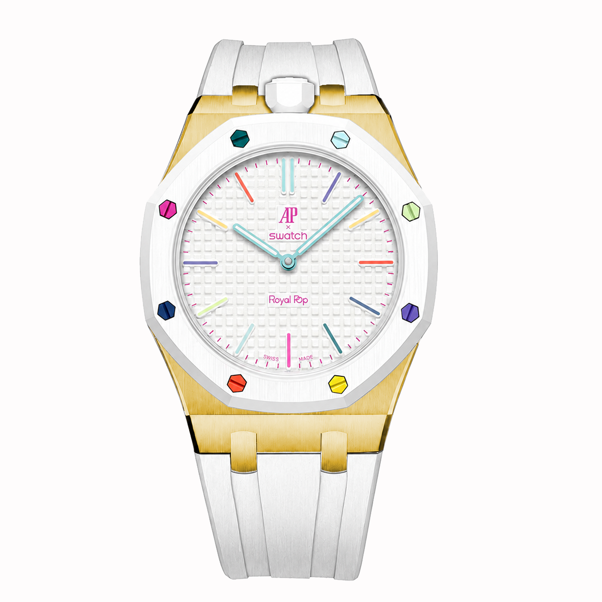 Stainless Steel Yellow Gold Rubber Strap Case For AP x Swatch Royal Pop Huit Blanc