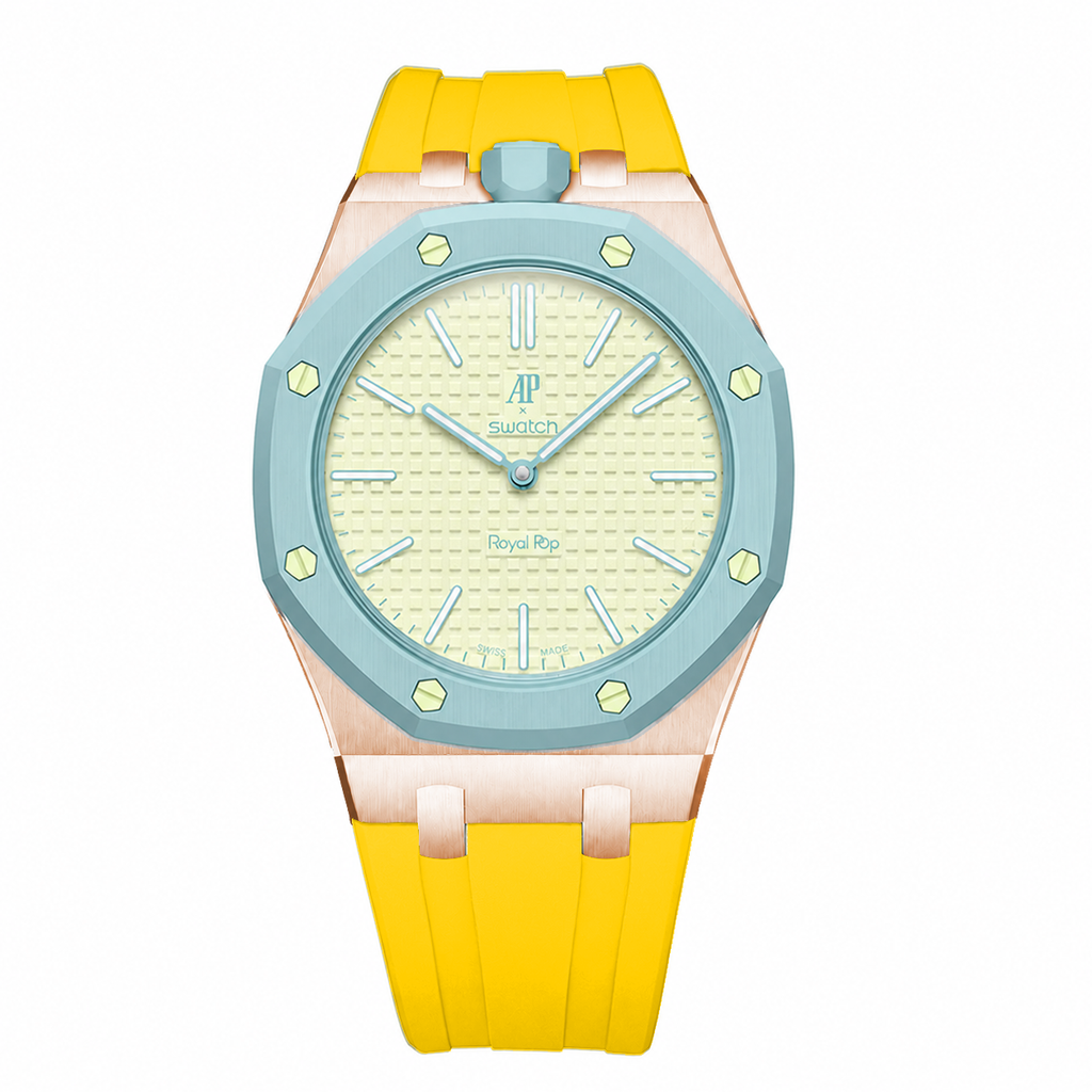 Stainless Steel Rosé Gold Rubber Strap Case For AP x Swatch Royal Pop Blaue Acht