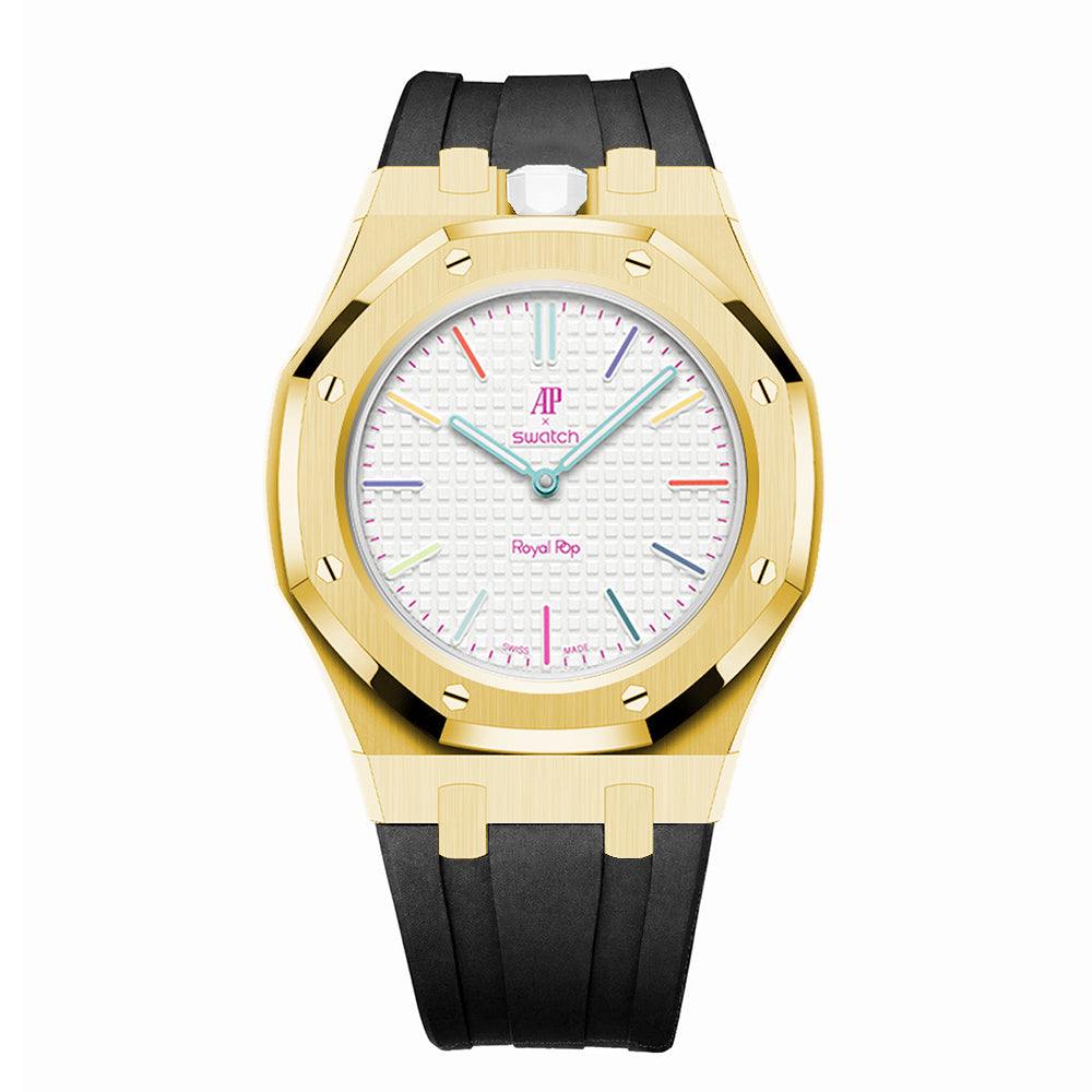 Full Frame Stainless Steel Yellow Gold Rubber Strap Case for AP X Swatch Royal Pop Huit Blanc