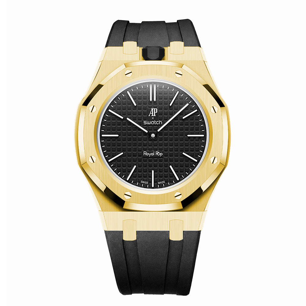 Full Frame Stainless Steel Yellow Gold Rubber Strap Case for AP X Swatch Royal Pop Ocho Negro