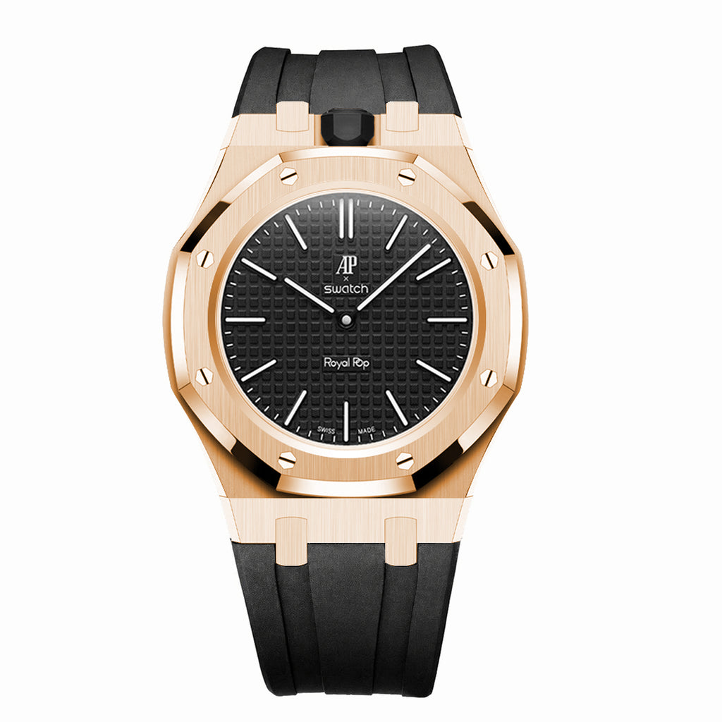 Full Frame Stainless Steel Rosé Gold Plain Rubber Strap Case for AP X Swatch Royal Pop Ocho Negro