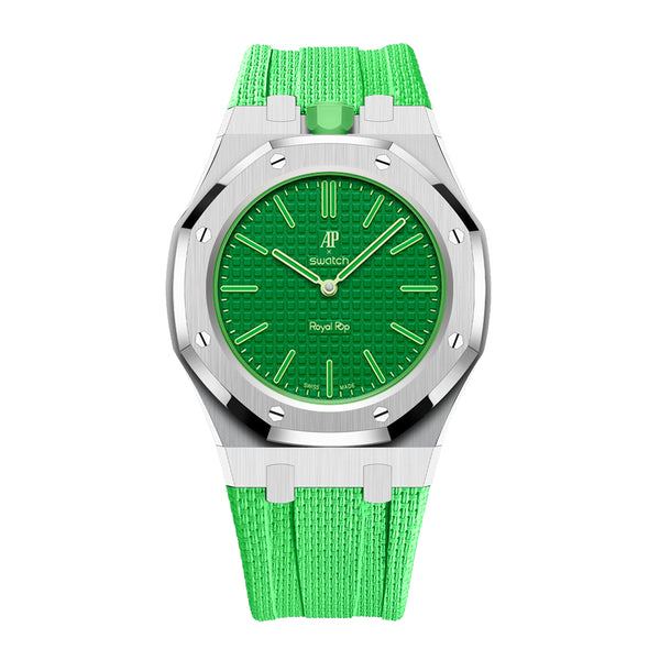 Full Frame Cover Stainless Steel Rubber Strap Case for AP X Swatch Royal Pop Green Eight
