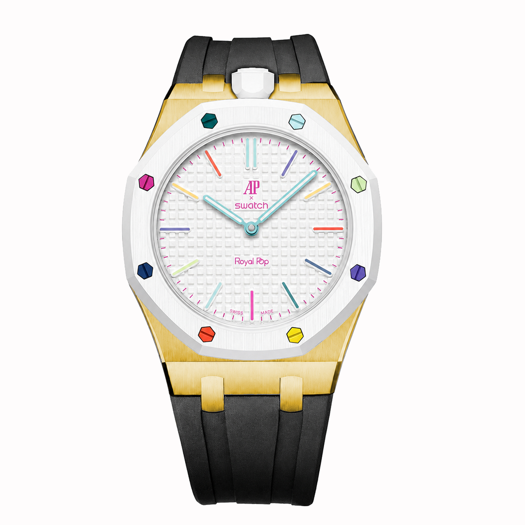 Stainless Steel Yellow Gold Rubber Strap Case For AP x Swatch Royal Pop Huit Blanc