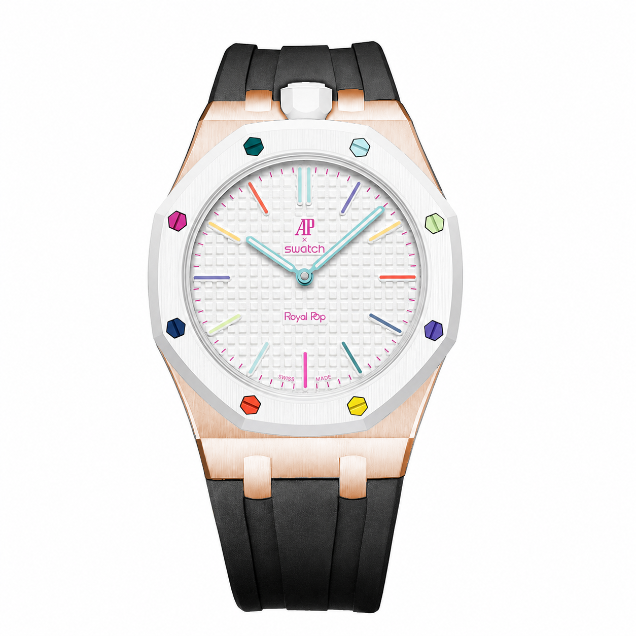 Stainless Steel Rosé Gold Rubber Strap Case For AP x Swatch Royal Pop Huit Blanc
