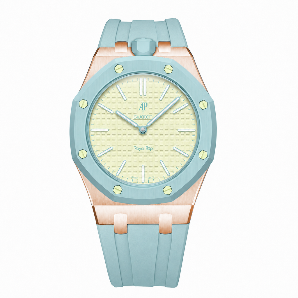 Stainless Steel Rosé Gold Rubber Strap Case For AP x Swatch Royal Pop Blaue Acht