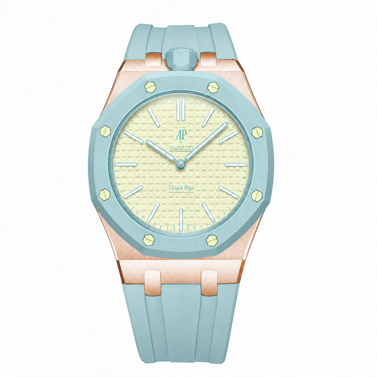 Stainless Steel Rosé Gold Rubber Strap Case For AP x Swatch Royal Pop Blaue Acht